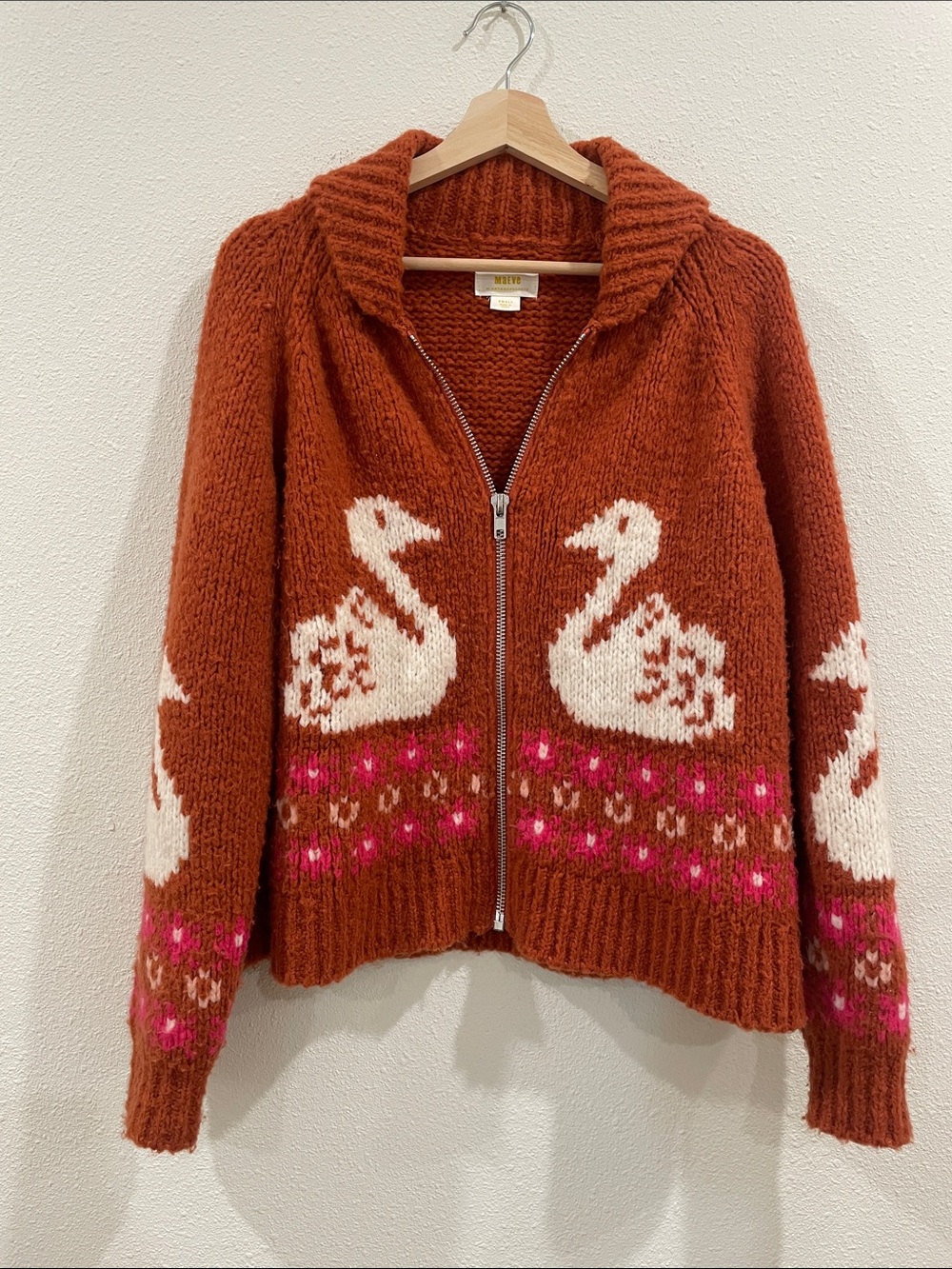 Anthropologie Swan Intarsia Zip Cardigan Rust Wool Blend Novelty Sweater Jacket - Picture 6 of 16